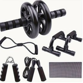 Seven-piece Fitness Set For Small Home Use, Skipping Rope, Grip Strengthener, Push-ups, Abdominal Wheel, Muscle - Portable Equipment For Muscle S (Color: Black)